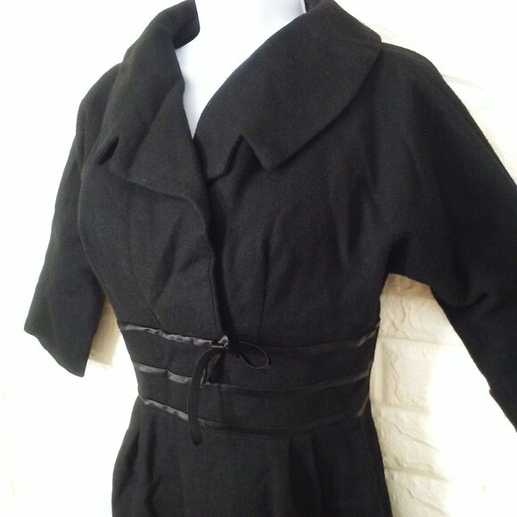 Vintage 50s Little Black Wiggle Dress Lady-M(8) Wool Cowl-Collar Zip-back Fitted - Picture 4 of 14